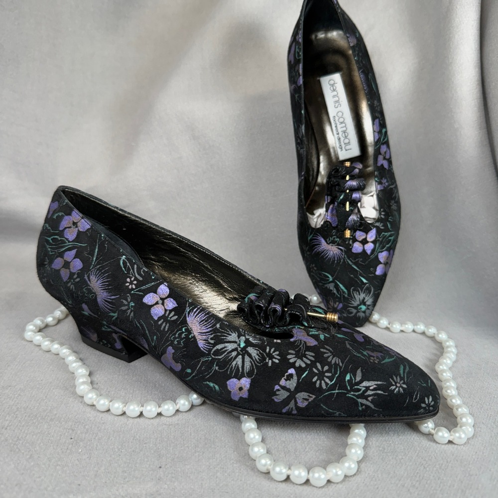 RARE Vintage Dennis Comeau Floral W 6.5 Metallic Statement Heels Made in Italy